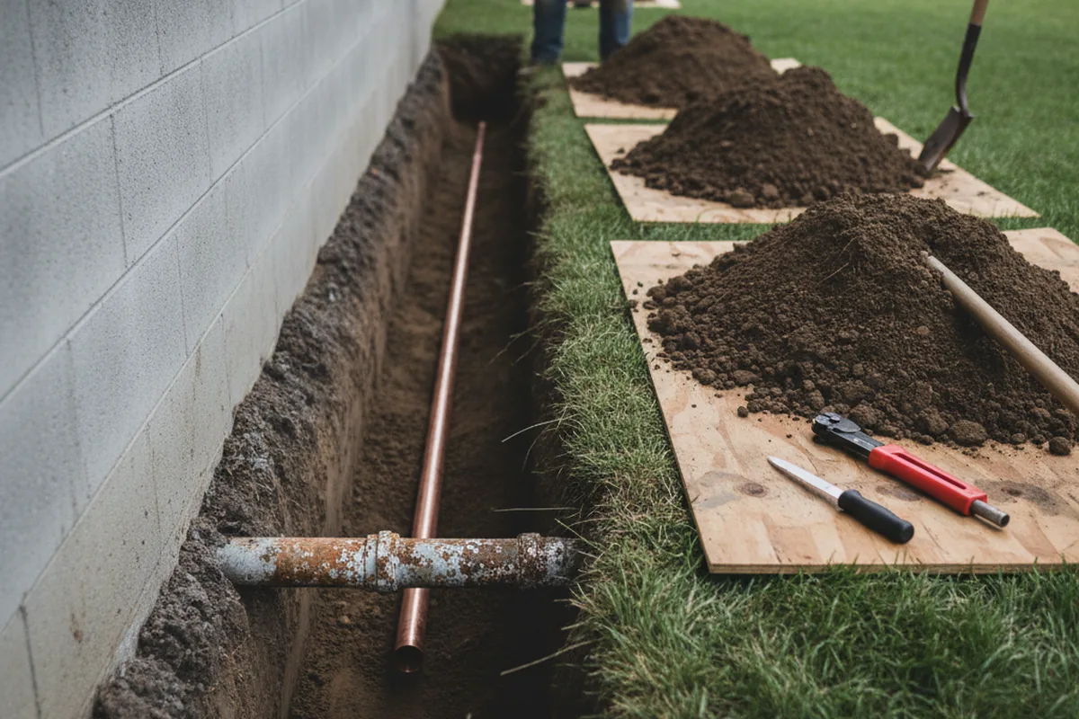 Excavated water line trench during Sewer Line Repair in Claremore